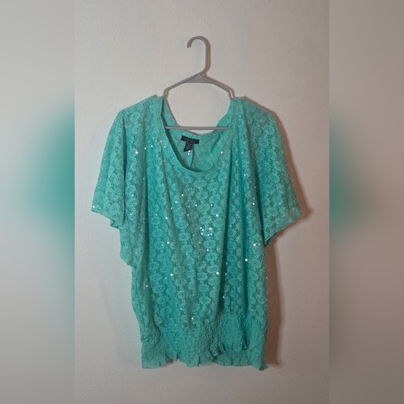 Deb Tops - Deb Aqua Lace Sequin Blouse Plus Size Flutter Sleeve Party Dressy Top 3X